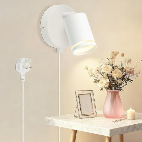 Dhqkqg Wall Light with Switch,White Plug in Wall Light for Bedroom,Plug in Wall Spot Lamps GU10,Modern Plugs-in Wall Lamp for Bedroom Reading Room Living Room Cupboard Kitchen, No Bulb