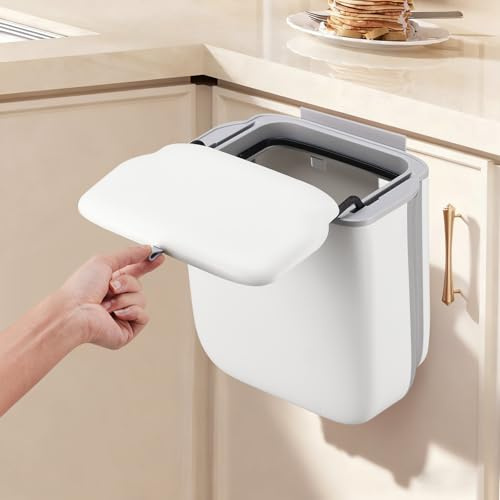Kryndle Food Waste Bin, 14L Kitchen Compost Bin, foldable, White | Hanging Trash Can with Lid, Suitable for Cabinet Doors, Under Sinks, Bathrooms and Outdoor Camping