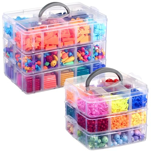 2er-Set Sortierbox Aufbewahrung mit Griff und Verstellbaren Trennwänden, Stapelbare Transparent Organizer Box, Mehrzweck Aufbewahrungsbox Set für Perlen,Schmuck,Haarschmuck,Nähzubehör (Groß & Mittel)