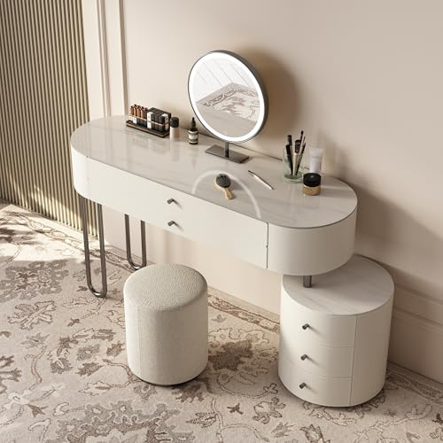 Lartis Jahnea Vanity-Elegant Set: Saddle Leather-Finished Top Vanity Table & Stool, Stainless Steel Support, Reversible Installation, and Dimmable LED Mirror (Gray/White/Statuario White)