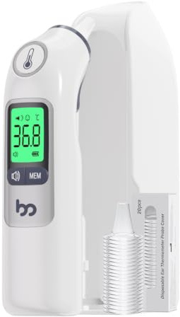 Fieberthermometer Ohr für Erwachsene & Kinder, 1s Ergebnis Hochpräzise Ohrthermometer, 30 Speicher Abrufen, 3-Farben-Fieber-Alarm, mit 21 Einweg-Sonde Abdeckungen & Aufbewahrungsbox