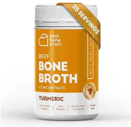 Grass Fed Beef Bone Broth Concentrate with Turmeric | Help Improve Joints, Skin, & Gut | Liquid Collagen Amino Acids | Keto, High Protein, Gluten Free | 35 Servings / 8.7 litres | Add hot water to sip or stir into soups, sauces & recipes. 35 servings (2.25 Gallons) of protein & collagen.