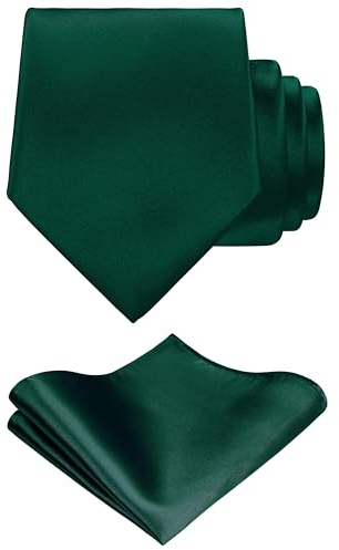 TIE G Solid Satin Woven dyed Color Formal Black Necktie and Pocket Square Sets in Gift Box (Hunter Green)