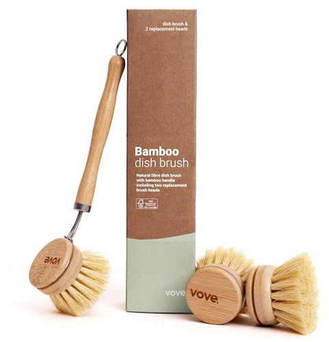 Vove Bamboo Washing Up Brush, FSC-Certified - Includes 3 Replacement Heads - Natural Fibre Bristles - Non-Toxic, Plastic-Free - Kitchen Scrub Brush for Pots, Pans & Dishes
