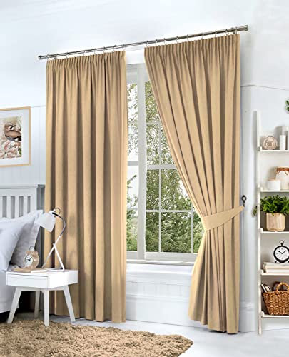 Hachette Thermal Blackout Curtains Pencil Pleat Tape Top Including Pair of Tiebacks (Cream Natural, 46 X 72)