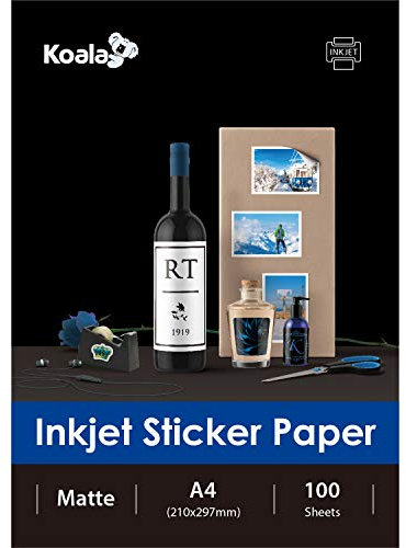 KOALA Papel fotográfico blanco mate autoadhesivo para inyección de tinta con el reverso adhesivo, papel de impresión de etiquetas, A4, 100 hojas