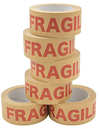 NATEE Strong Paper Packaging Tape | Eco-Friendly | Fully Recyclable | Fragile Printed Kraft Paper for Packing Parcels and Boxes | Brown Paper Packaging for Moving House | 50m x 50mm Width | 6 Rolls