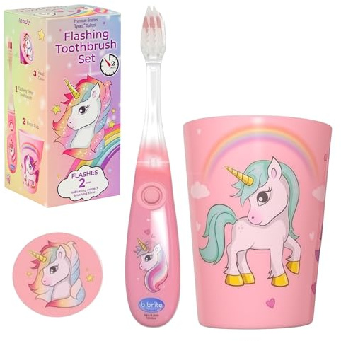 Lily's Home Kids Flashing Timer Toothbrush Kids with Soft Bristles, Rising Cup & Cover - Fun 2-Min Light-Up Brushing for Children - Toddler Soft Toothbrush Kit (Unicorn)