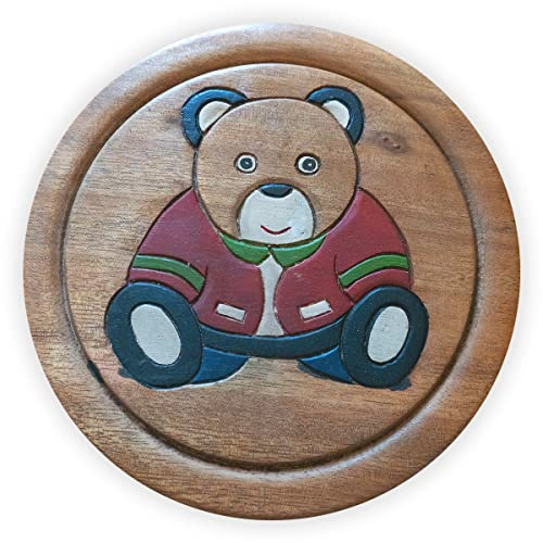 IMAGO Kinderhocker Kleiner Teddy Holz Schemel Kinderstuhl Massivholz bemalt und geschnitzt Höhe 25 cm
