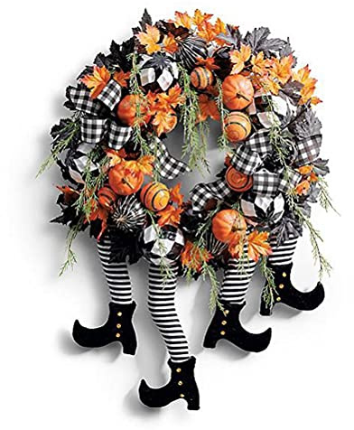 Tianbi Decoración de patas de brujas de Halloween, decoración de corona de Halloween, puerta delantera, corona de arce de calabaza, decoración del hogar