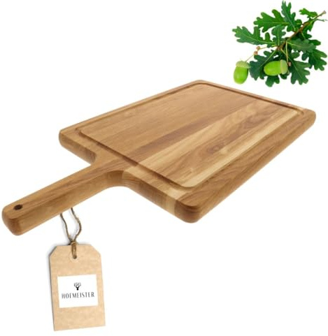 HOFMEISTER® Schneidebrett Eiche mit Griff 42,5 x 22,5 cm – Servierbrett mit Saftrille, massives Holzbrett für Küche und Tisch, Handarbeit (1 Stück)