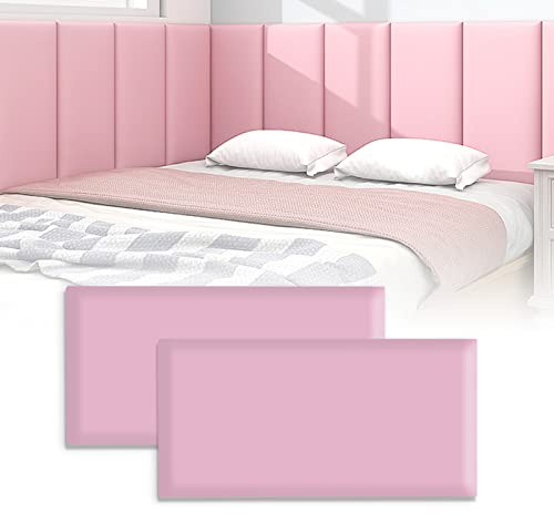 3D Anti-Collision Wall Padding for Kids, Peel and Stick Upholstered Wall Panels, Queen Headboard, Playroom Decorative Protection Panel, Pack of 2 Panels Sized 23.6” X 11.8” (Pink)