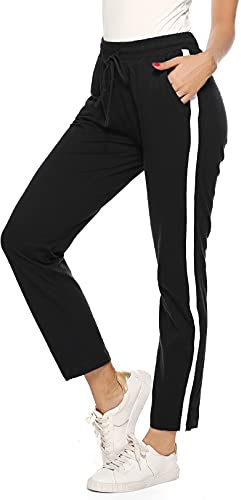 Irdcomps Joggingbyxor dam bomull långa sportbyxor dambyxor hög midja dam träningsbyxor med ränder sweatbyxor fritidsbyxor sidofickor för yoga löpning fitness S–XXL, A-svart_1, XL