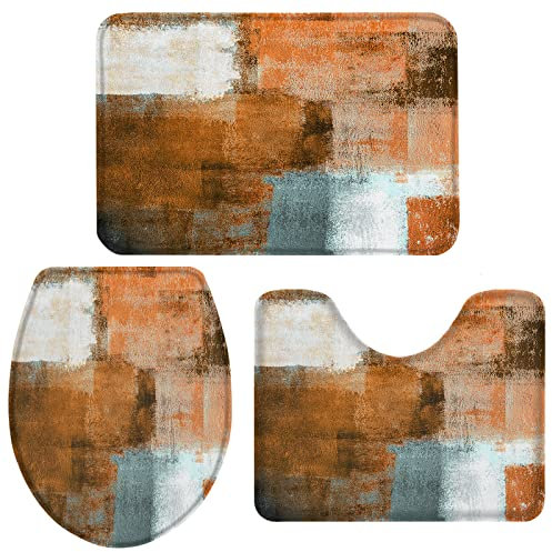 Set 3 Teilig Badvorleger Abstraktes Orange Geometrisches Ölgemälde Anti-Rutsch Bade-Matte+Kontur+Wc-Deckelabdeckung Weiche Teppiche Und Toilettendeckel Für Wohnzimmer Wc-Sitz Bezug Badezimmer