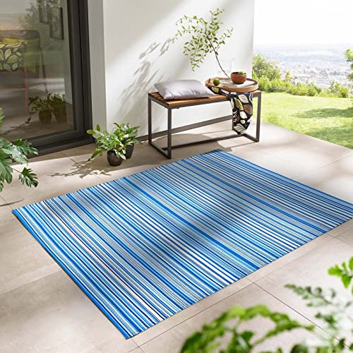 Taracarpet Outdoor Kurzflor Teppich Santa Monica wetterfest, wasserfest, rechteckig, Höhe: 3 mm, Balkon Garten Terrasse Camping Wintergarten türkis-blau gestreift 190x290 cm