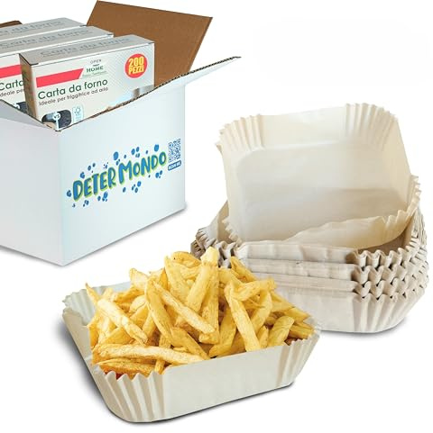 DETERMONDO 200 pz Carta Forno Quadrata per Friggitrice ad Aria Biodegradabile Senza PFAS Resistente fino a 230° Ideale Per Forno e Microonde 16x20cm