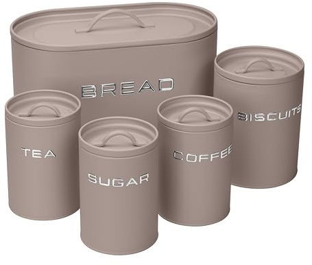 simpa 5PC Stylish Matte Mushroom Metal Kitchen Storage Set Including Oval Bread Bin and Round Biscuit Tin, Tea, Coffee and Sugar Canisters.
