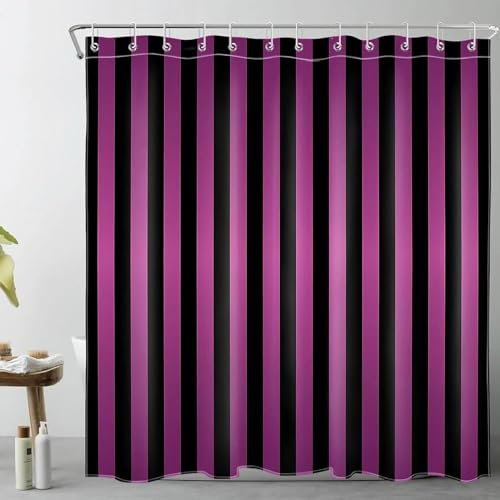 Schwarz-lila gestreifter Duschvorhang, Moderne abstrakte minimalistische Kunst, vertikale Streifen, Vintage-Badezimmervorhang, Dekor mit Haken, 175 x 178 cm (68,9 x 70,08 Zoll)