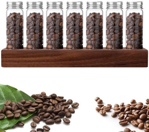 Single Dose Coffee Bean Storage Tubes Coffee Bean Dispenser, 7Pcs Sealed Glass Test Tubes with Walnut Wood Display Stand & Lids, Multipurpose Sealed Coffee Bean Glass Vials for Coffee Bean Spice