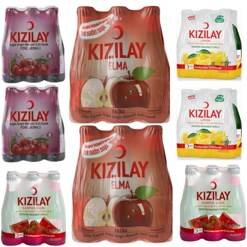 KIZILAY Lot de 48 bouteilles d'eau minérale naturelle au goût mixte de fruits (cerise, pomme, pastèque, citron), eau minérale riche avec bicarbonate et sodium 200 ml