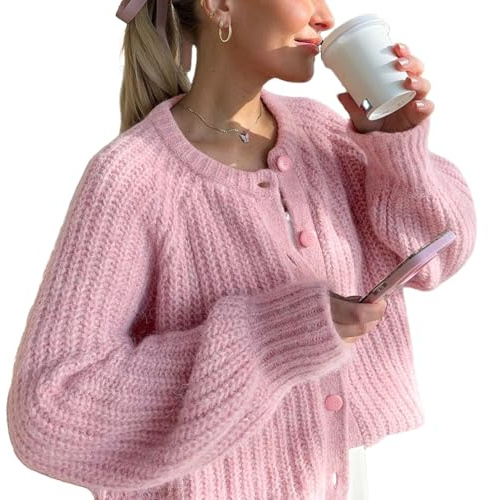 Wyeysyt Damen-Strickjacke, langärmelig, Knopfleiste, dick, weich, vorne offen, locker, lässiger Cardigan, Rosa, S