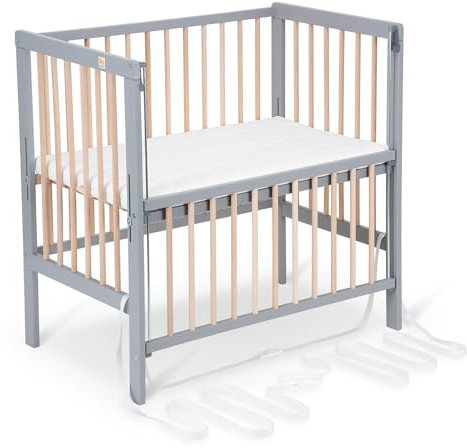 FabiMax Baby Beistellbett für Boxspringbett Flex Grau/Natur, stufenlos höhenverstellbar, Buchenholz massiv, naturbelassen, inkl. Matratze Classic