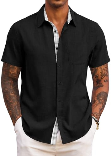 COOFANDY Herrskjorta, kortärmad, sommar, fritidsskjorta, normal passform, strandskjorta med rutig knappslå krage, svart, 3XL