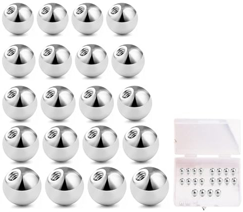 WeddHuis 20 bolas de acero quirúrgico para piercing, nariz, labio, cejas, ombligo, lengua (1,2 mm, 3/4/5/6/8 mm), color plateado