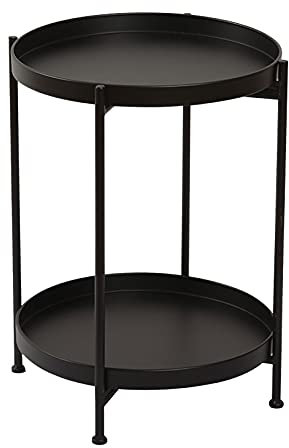 CCYENG Beistelltisch Kaffee-/Teetisch 2-stufiger Metalltisch Outdoor-Beistelltisch Runder Nachttisch aus Metall Kleine Tische Beistelltisch mit abnehmbarem Tablett für Wohnzimmer Schlafzi