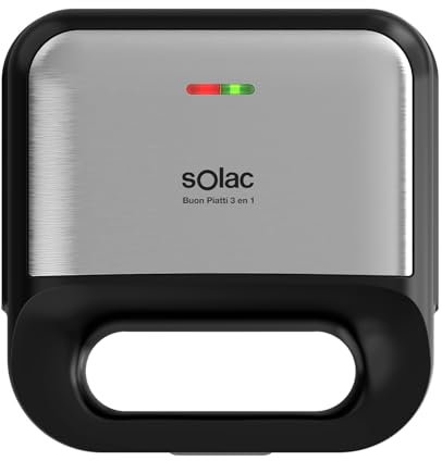 Solac Buon Piatti Appareil à croque-monsieur 3 en 1 | 750 W | Plaques interchangeables (gaufre, grill, sandwich) | Poignée froide | Revêtement anti-adhésif | Enrouleur, rangement vertical et