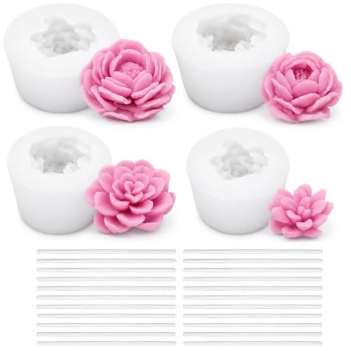 4 moldes de silicona de flores, molde para hacer jabón, moldes de silicona para velas, moldes de velas de flores, molde de silicona para velas, con 20 mechas de vela de 6 cm para manualidades