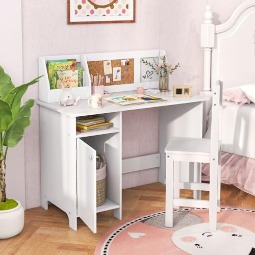 DREAMADE Bureau Enfant en Bois avec Chaise Ergonomique,Table d'Etude et Chaise Enfants avec Étagère,Tableau Blanc,Tableau d'Affichage,Marqueur,90x45x85,5CM (Blanc)