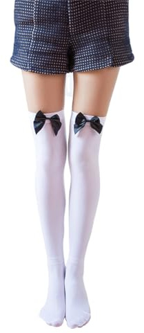SGERUFZ 1 Paire Bas Blanc avec Noeud Chaussettes Hautes Montantes Extensibles Costume Halloween Carnaval Soirée pour Femme