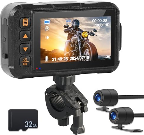 Dash Cam per moto, schermo da 3 pollici, fotocamera anteriore e posteriore con doppio obiettivo con scheda TF da 32 G, impermeabile, videocamera con visione luminosa, G-Sensor, Dashcam, registrazione