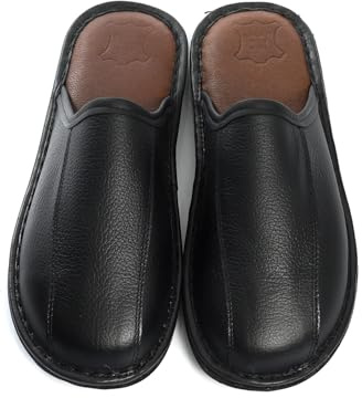 Rimo-Genuine Touch Chaussons en cuir pour homme - Pantoufles faites à la main avec semelle antidérapante, confortables et robustes, tailles 41-47, Noir , 44 EU
