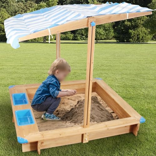 Wooden Sandbox with Adjustable Canopy and Foldable Bench Seats Ideal for Kids Aged 3 8 Years Old