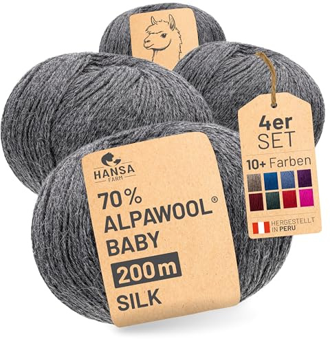 HANSA-FARM |Alpawool 70% Baby Alpaka mit 30% Seide 200g Set (4 x 50g) seidige und kratzfreie Wolle zum Stricken & Häkeln - NFA12 Dunkelgrau
