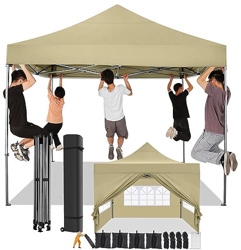 COBIZI Gazebo 3x3 Pieghevole Impermeabile con Parete Laterale,Gazebo Esterno Resistente,Tende per Gazebo,Tendone Padiglione Pop Up per Feste Campeggio (3 per 3m Cachi)