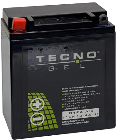 TECNO-GEL Qualitäts Motorrad-Batterie für YB12A-A/B = 12N12A-4A-1 für Duca ti GT 750, 750 SS, 900 SS, Yama ha XS 400, YX 600, 12V Gel-Batterie 12Ah (DIN 51211, 51215), 134x80x161 mm