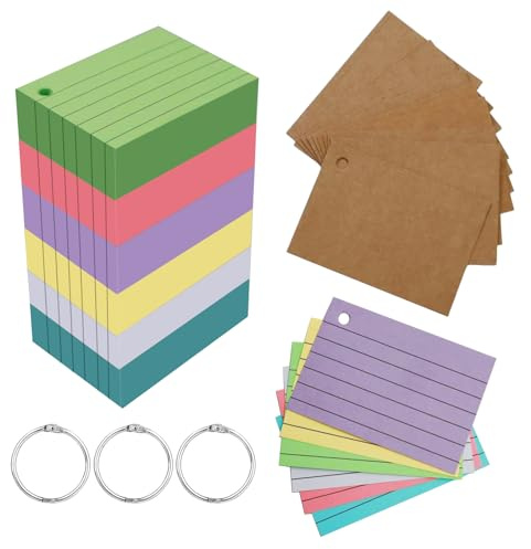 Leucasa 300 Pièces Flash Cards A8 6 Couleurs Fiches Bristol avec Papier Kraft et Anneau de Reliure Fiche de Revision Impression Recto Verso pour Étudier, Recettes, Cartes Mémo, Fournitures de Bureau