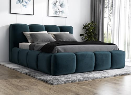 A&J MöbelLand Polsterbett 180x200 mit Bettkasten und Lattenrost – DONA-OM, Bett mit Stauraum in Blau ohne Matratze