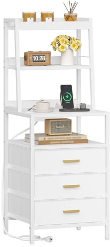 Hzuaneri Nachttisch mit Standregal, 2 Steckdosen und 2 USB | Beistelltisch mit 3 Stoff-Schubladen, Modern, für Schlafzimmer, Wohnzimmer, 35 x 40 x 105 cm Weiß NS10513W