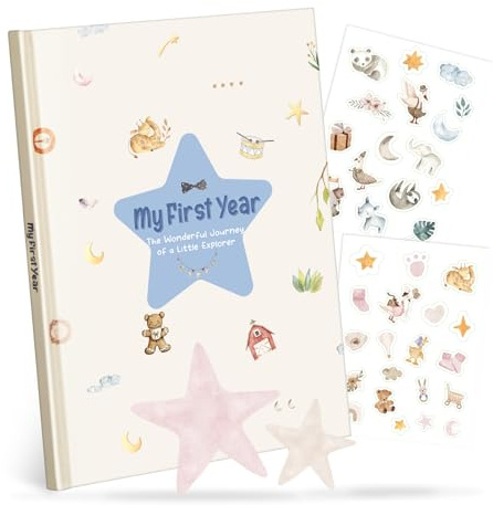 Mein erstes Jahr Baby Erinnerungsbuch - A4 Tagebuch & Erinnerungsalbum mit Stern-Design, inklusive 38 Aufklebern, ideal für Geburt, Taufe & Babyparty