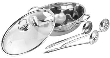 DEARMAMY Pentola Hot Pot Doppia in Acciaio Resistente con Scolapasta e Cucchiaio per Cottura Due Sapori Facile da Pulire e Adatta Tutte le Cucine