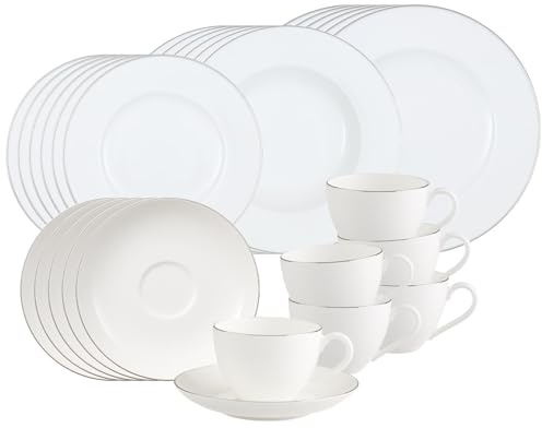 Villeroy & Boch Anmut Platinum No.1 Service de table 30 pièces | Service à café et de table pour 6 personnes | Service de table avec bord argenté | Porcelaine de qualité supérieure | Blanc