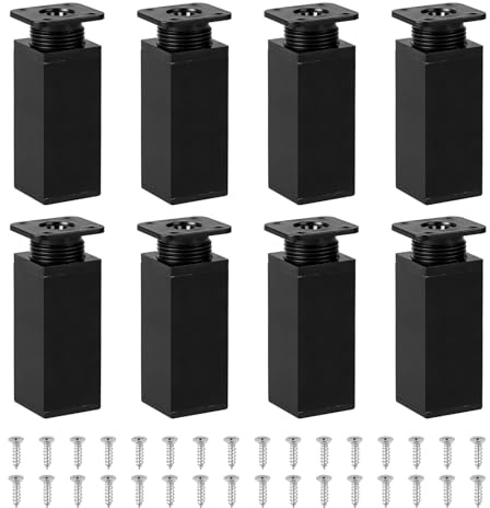 EXLECO 8er Möbelfüße Verstellbar 40x40x100mm, Schrankbeine Eckig Schwarz | Füße für Möbel aus Metall & Kunststoff, Metallfüße Höhenverstellbar Schrankfüsse, Tischbein Verlängerung für Sofa Kommode