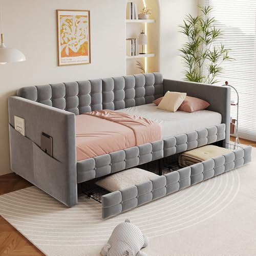 Kebnor Divano letto imbottito 90 x 190 cm, classico motivo a quadri, scomparti sui lati del letto, due cassetti sotto il letto, ospiti o come letto singolo, tessuto di velluto, grigio