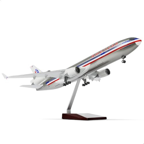 QIYUMOKE MD-11 flygplansmodell i skala 1:130, kompatibel med American Airlines, inklusive stativ (47 cm lång), tillverkad av harts, perfekt som souvenir för vuxna, som dekoration för hem eller kontor.