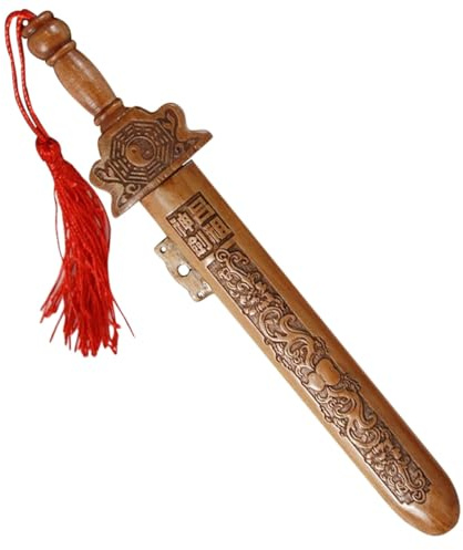 LOEFLIFA Colgante de Espada de Madera de 18 Cm, Decoración Colgante Artesanal para Exorcismo y Cosplay, Adorno de Madera Natural para Hogar, Artesanía de Espadas Tradicional China
