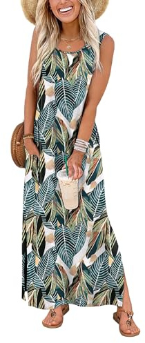 WIHOLL Maxi abito estivo da donna, casual, elegante, senza maniche, maxi abito da donna, con spacco e tasche, Foglia Di Pal, XXL